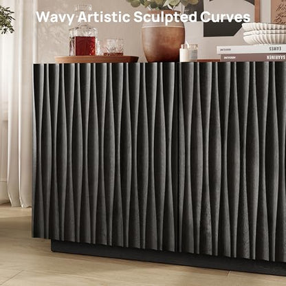 70" Fluted Mid Century Modern Sideboard Buffet Cabinet with Storage, Black, view 4