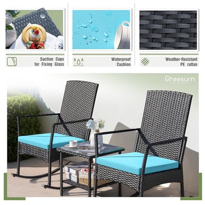 3 Pieces Patio Furniture Set Outdoor Wicker Rocking Chairs with Glass Coffee Table for Garden Backyard Porch Poolside, Blue