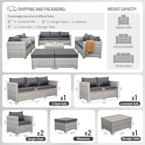 Patio Furniture Set 7 Piece Grey Wicker Outdoor Conversation Sets PE Rattan Sectional Sofa with Storage Coffee Table and Anti-Slip Grey Cushion