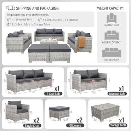 Patio Furniture Set 7 Piece Grey Wicker Outdoor Conversation Sets PE Rattan Sectional Sofa with Storage Coffee Table and Anti-Slip Grey Cushion