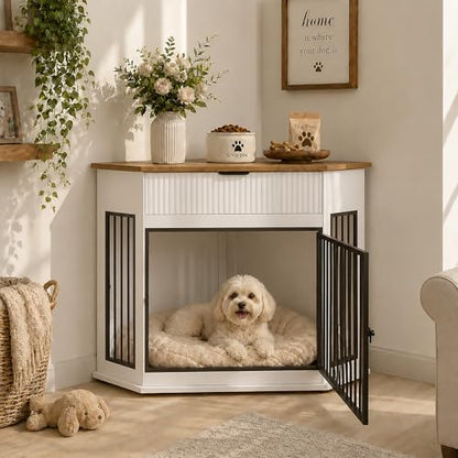 Wooden Corner Dog Crate Furniture for Small & Medium Dogs (White), view 4