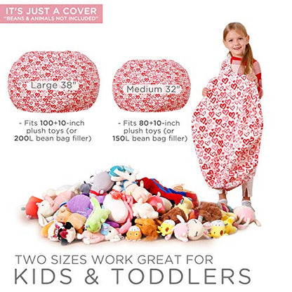 Stuffed Animal Bean Bag Storage Chair, Beanbag Covers Only for Organizing Plush Toys, Turns into Bean Bag Seat for Kids When Filled, Medium 32"-Canvas Pattern Heart