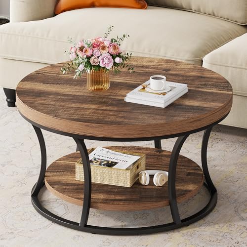 Round Coffee Table for Living Room, 2-Tier Circle Coffee Table with Storage, Accent Center Table Modern Design, Rustic Brown and Black