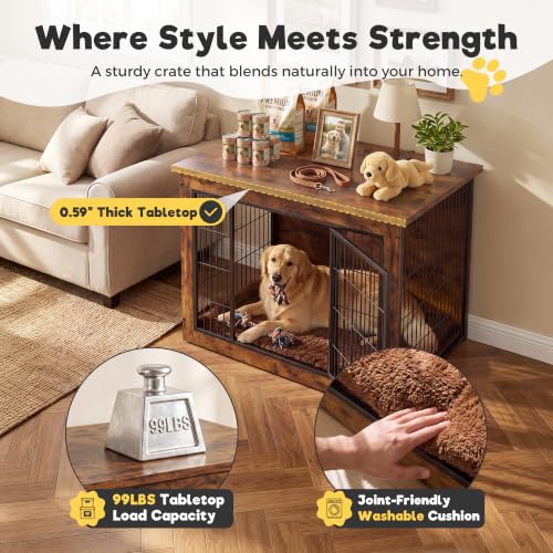 3-in-1 Wooden Dog Crate Furniture, Side Table & Kennel with Cushion, view 4