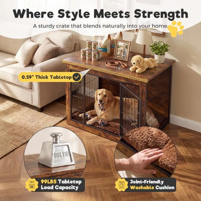 3-in-1 Wooden Dog Crate Furniture, Side Table & Kennel with Cushion, view 4
