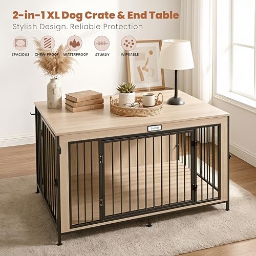 48" XL Dog Crate Furniture for Large Dogs, Farmhouse Light Oak Wood Dog Kennel, view 5