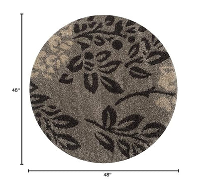 SAFAVIEH Florida Shag Collection Area Rug - 4' Round, Smoke & Dark Brown, Floral Design, Non-Shedding & Easy Care, 1.2-inch Thick Ideal for High Traffic Areas in Living Room, Bedroom (SG456-7928)