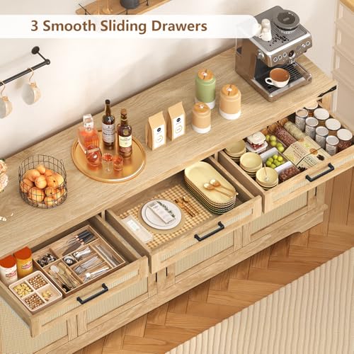 61” Large Buffet Cabinet with Storage, Sideboard Cabinet with 4 Doors and 3 Drawers, Farmhouse Buffet Table, Dining Room Storage Cabinet for Kitchen or Living Room, Natural