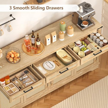 61” Large Buffet Cabinet with Storage, Sideboard Cabinet with 4 Doors and 3 Drawers, Farmhouse Buffet Table, Dining Room Storage Cabinet for Kitchen or Living Room, Natural