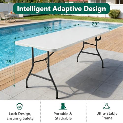 2 Pack Folding Table 6ft - Heavy Duty Plastic Table with Handle, Foldable & Portable, Fold-in-Half Utility Tables for Outdoor, Dining, Wedding, Events, Indoor, Picnic, Camping, Party(White)