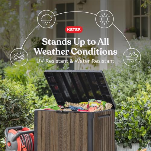 Keter Signature Everwood 30 Gallon Resin Outdoor Storage Box and Patio Furniture Side Table for Pool and Garden Accessories, Walnut