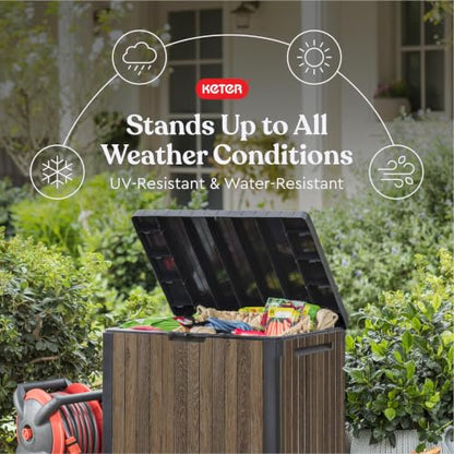 Keter Signature Everwood 30 Gallon Resin Outdoor Storage Box and Patio Furniture Side Table for Pool and Garden Accessories, Walnut