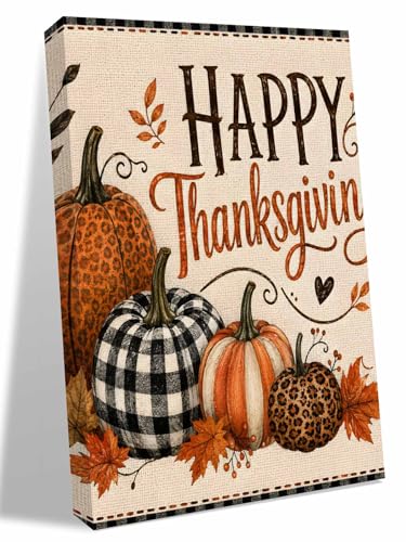 NuYeBiofx Happy Thanksgving Words Canvas Wall Art Prints,30"x20" Framed Picture Artwork Leopard Patterned Pumpkin Printed Canvas Oil Painting for Living Room Bedroom Office,Ready to Hang