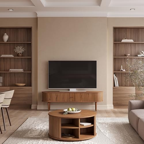 35'' Round Coffee Table with Storage and Shelves - Round Center Table for Living Room and Office. Wood Mid Century Modern Coffee Tables for Living Room (Walnut)