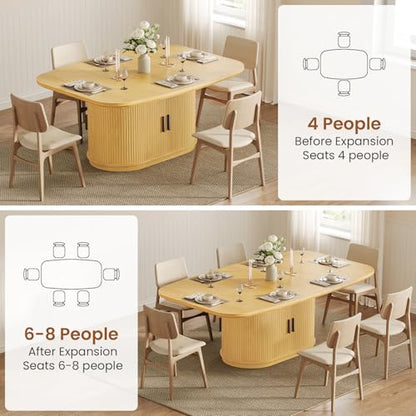 47.2"-63" Extendable Dining Table with Storage Cabinet, Fluted Wood Kitchen Table Seats 4-8, Modern Farmhouse Expandable Dining Room Table for Small Space, Apartment, Home Dining, Oak