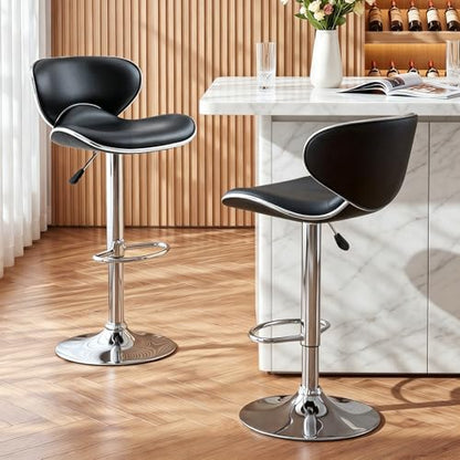 PU Leather Adjustable Bar Stools, Modern Swivel Airlift Barstools with Back, Armless Counter Height Chairs for Kitchen Dining Pub Cafe Set of 2 (Black)
