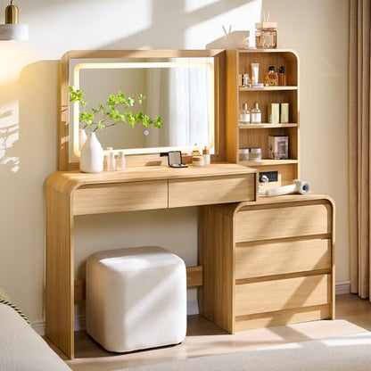 50” Modern Vanity Desk with Mirror and Lights with Charging Station Natural, view 2
