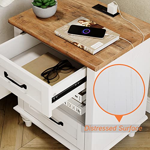 White Side Table with 2 Drawers, Night Stand with Charging Station, view 7