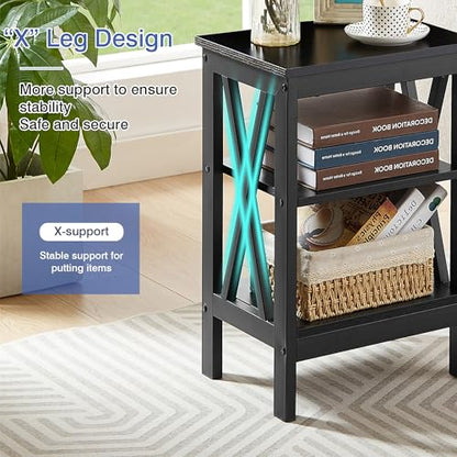 End Side Table Night Stand Set Of 2,X-Design with Storage Shelf for Bedroom,Living Room,Black