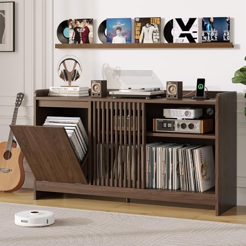 48" Record Player Stand w/Flip-Out Storage Cabinet, Sliding Door, view 2
