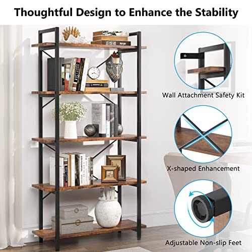 Tribesigns 5 Tier Bookshelf, Industrial Etagere Bookcase with Heavy-Duty Metal Frame, Rustic Tall Book Shelf Unit for Living Room, Study, Home Office (1, Rustic)