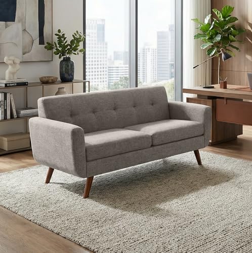 65" W Loveseat Sofa, Mid Century Modern Love Seat Couches for Living Room, Button Tufted Upholstered Small Couch for Bedroom, Solid and Easy to Install Love Seats Furniture, Grey