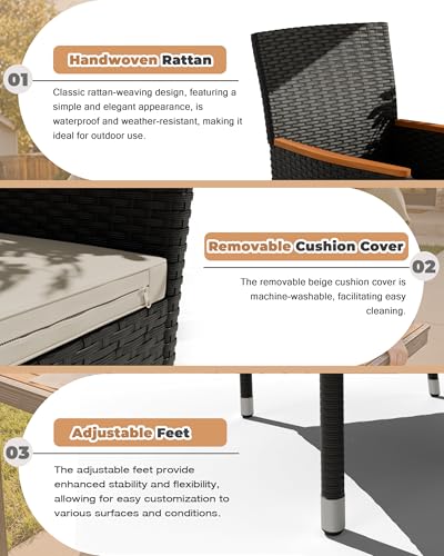 9 Piece Patio Dining Set Outdoor Acacia Wood Table and Chairs with Soft Cushions Wicker Patio Furniture for Deck, Backyard, Garden