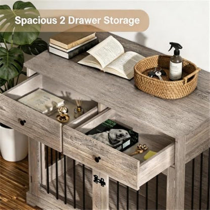 40" Gray Dog Crate End Table, Engineered Wood, 2 Drawers, Reinforced Steel, view 8