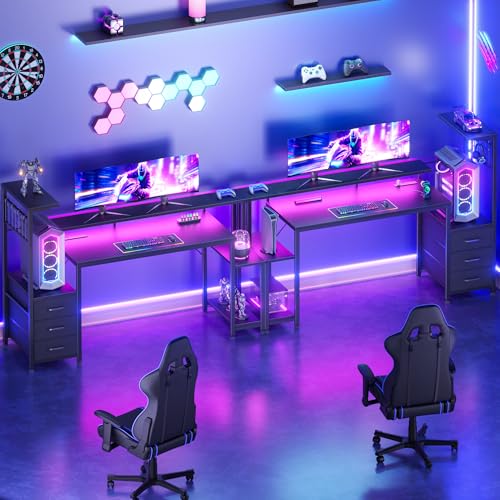 55 Inch Gaming Desk with Bluetooth LED Lights & Power Outlets,Computer Desk with Fabric Drawers & Hooks,Reversible Gamer Table with Monitor Stand for Game Room,Home Office,Carbon Fiber Black