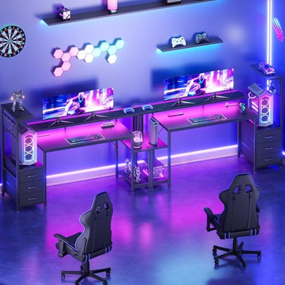 55 Inch Gaming Desk with Bluetooth LED Lights & Power Outlets,Computer Desk with Fabric Drawers & Hooks,Reversible Gamer Table with Monitor Stand for Game Room,Home Office,Carbon Fiber Black