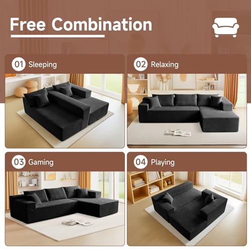 103” L Shaped Cloud Sectional Boneless Couches for Living Room, Modern Modular Sofa Couch with Chaise, Comfy Deep Seat Living Room Furniture Set, No Assembly, Black