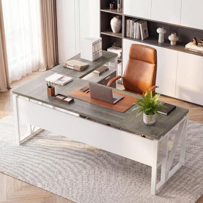 63" Executive Desk with Drawer Cabinet, L-Shaped Desk, Dark Oak, view 2