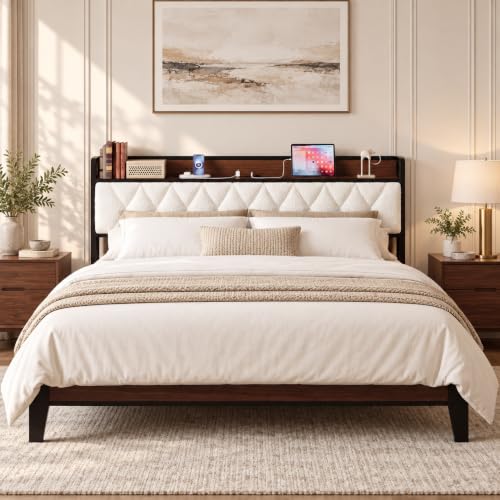 King Size Bed Frame with Headboard and Charging Station, Walnut, view 2