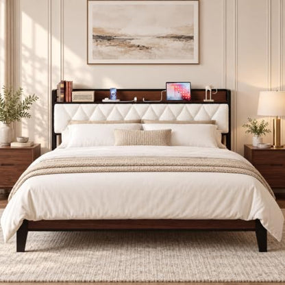 King Size Bed Frame with Headboard and Charging Station, Walnut, view 2