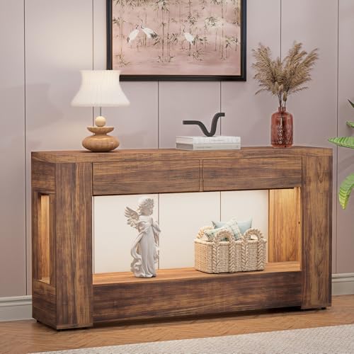 Farmhouse Entryway Table with Storage Drawers and LED Lighting, 55 Inch Long Narrow Console Sofa Table for Hallway Table Entrance Living Room, Rustic Brown