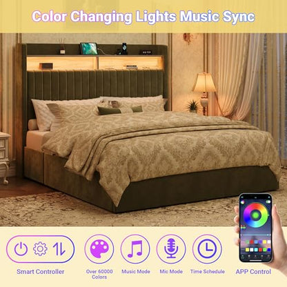 Queen Upholstered Platform Bed Frame with 3 Spacious Storage Drawers, Built-in LED Lights & Charging Station, Vertical Tufted Headboard with Shelf, No Box Spring Needed, Velvet Green