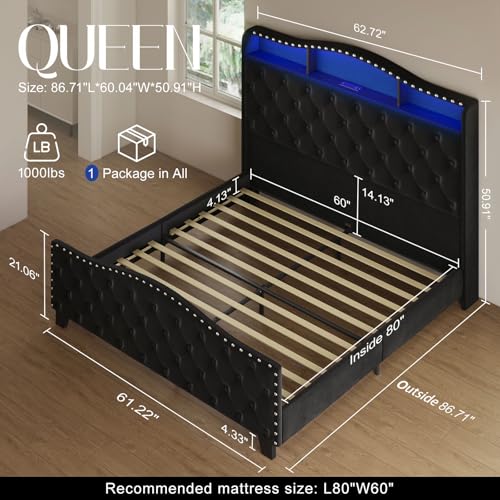 Queen Size Platform Bed Frame with 50.9" LED Headboard, Black, view 4
