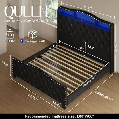 Queen Size Platform Bed Frame with 50.9" LED Headboard, Black, view 4