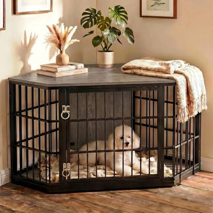 52 Inch Dog Crate Furniture Corner for Large Dogs, Grey, view 2