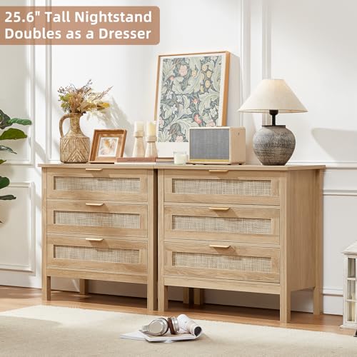 26.8" Wide Rattan Nightstand, Large Boho 3 Drawer Night Stand, Natural Wood Bedside Table with Storage, Tall Bed Side End Tables for Bedroom, Living Room, Hallway