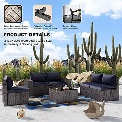 Outdoor Patio Furniture Set,12 Pieces Sectional Rattan Sofa Set Brown PE Rattan Wicker Patio Conversation Set with 10 Seat Cushions and 2 Tempered Glass Coffee Table,Navy Blue