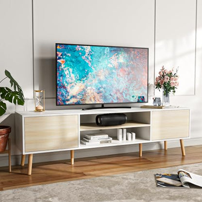 TV Stand for 75 Inch TV, Entertainment Center with Storage, 2 Cabinet Media Console Table, Wood Feet, Living Room, Bedroom Furniture,White&Oak