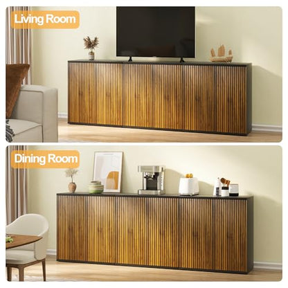 Buffet Cabinet with Storage Walnut Fluted Wooden Accent Sideboard with Pop-Up, view 7