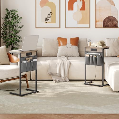 C Shaped End Table with Charging Station, 28" H Couch Side Table Slide Under, Sofa Arm Tray Table with Storage Bag for Living Room, Recliner, Greige BG70USF01
