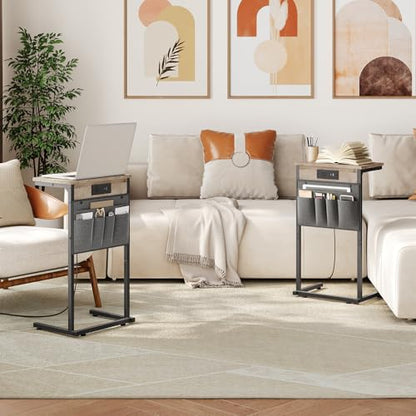 C Shaped End Table with Charging Station, 28" H Couch Side Table Slide Under, Sofa Arm Tray Table with Storage Bag for Living Room, Recliner, Greige BG70USF01