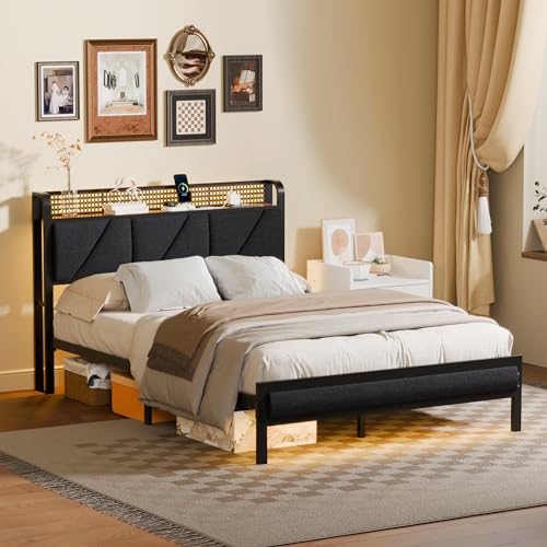 Full Size Bed Frame with Storage Shelf and Upholstered Headboard, view 6