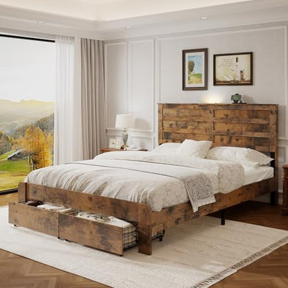 Farmhouse Wooden Platform Bed with 2 Storage Drawers and Dual USB Ports for Bedroom, Space-Saving Queen Size Bed Frame with Storage Headboard and Metal Slats Support, No Box Spring Needed