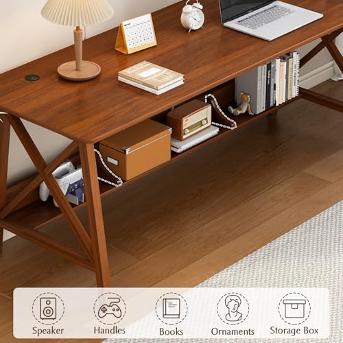 NELYE Extra Long Desk with Bookshelf - Wooden Home Office Work Study Table, Writing Computer Workstation with Storage Shelf in Wanut, 47" Wx16 Dx30 H