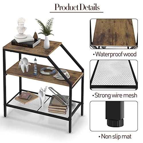 End Table 3 Tiers Shelf Rustic Brown Wood Industrial Accent Decorative Sofa Side Table Modern Trapezoid Accent Furniture Living Room Bed Room for Small Place