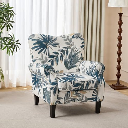 Modern Accent Chair,High Back Armchair,Upholstered Fabric Button Single Sofa with Wooden Legs for Living Room,Bedroom,Blue Leaves